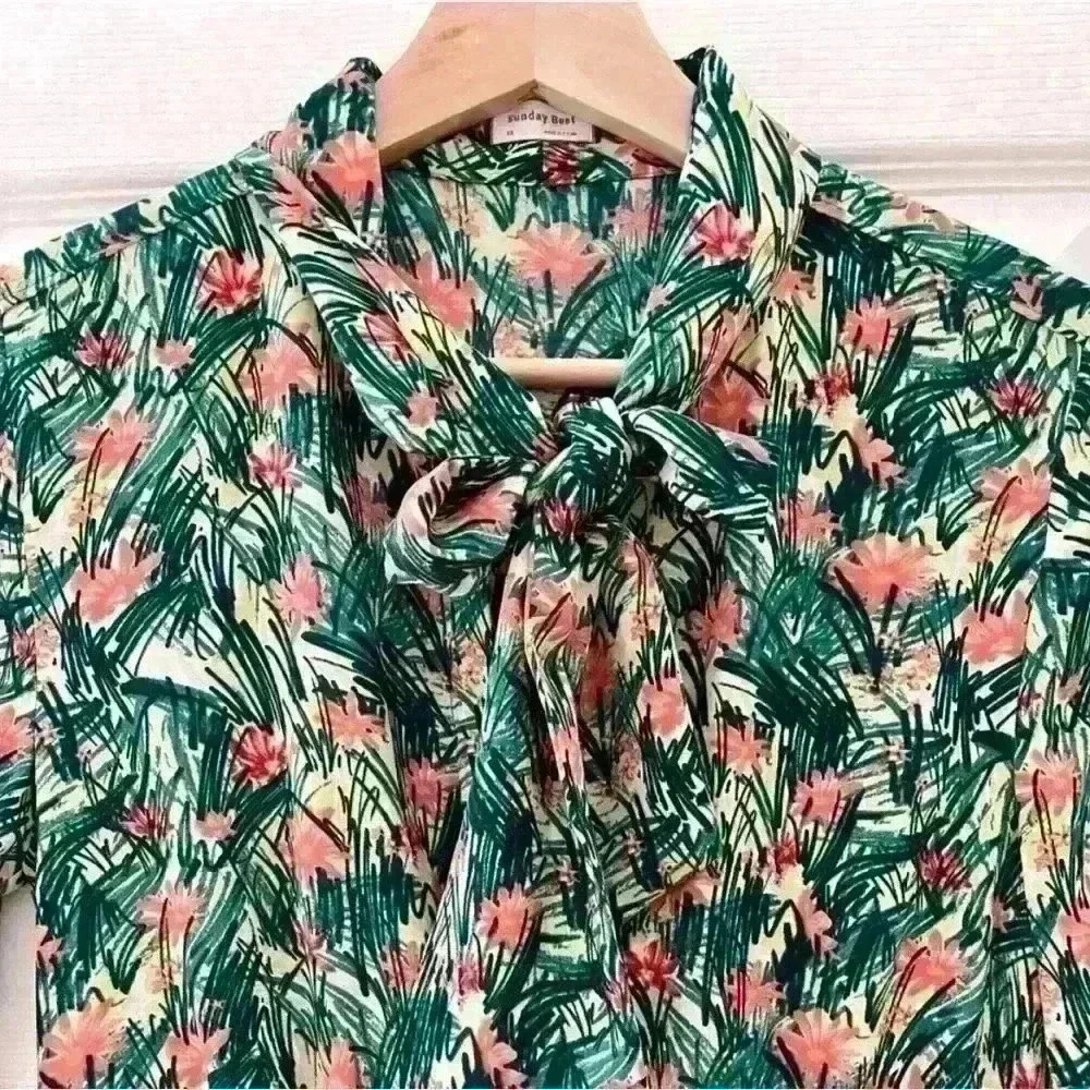 Aritzia Sunday Best Veronica Dress Green Yellow  Long Sleeve Neck Tie Size M - Picture 3 of 14